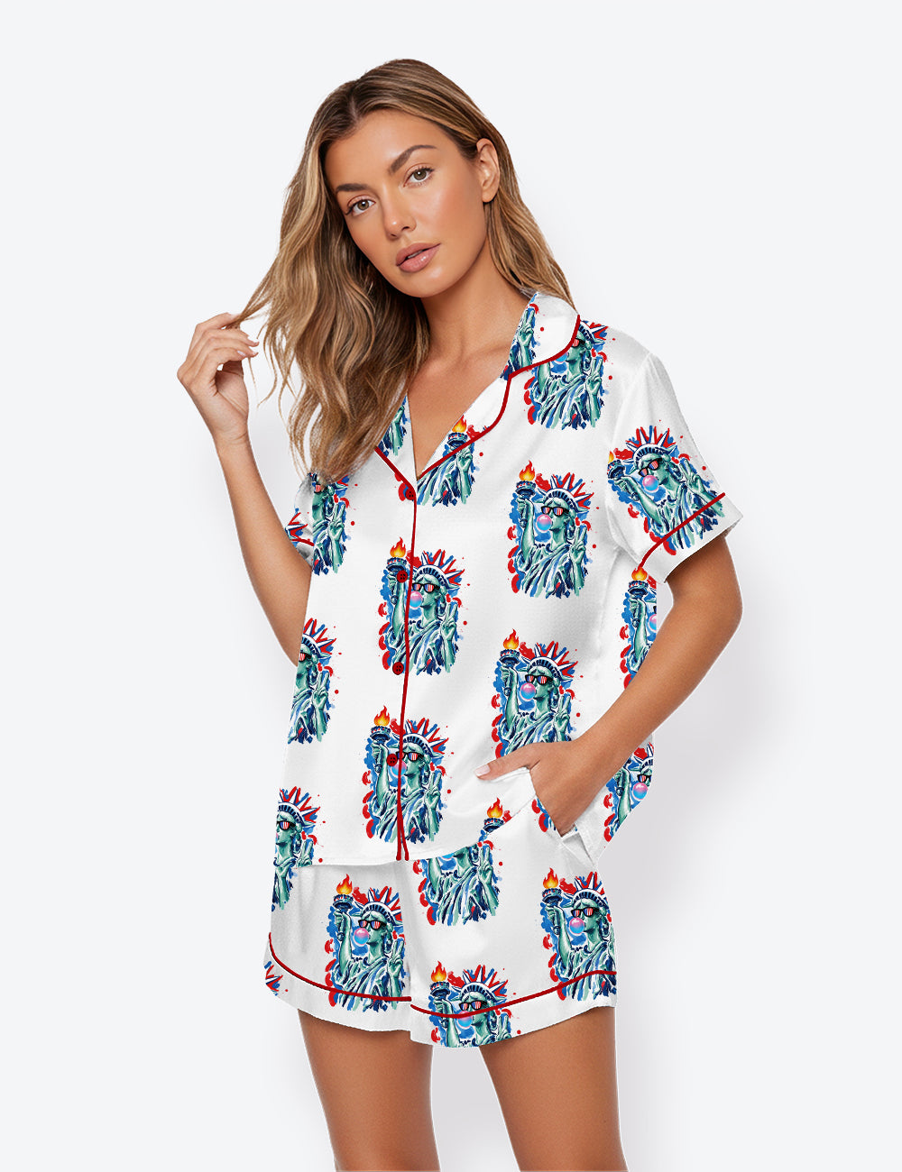 Women’s USA 4th Of July 250th Anniversary Liberty Blowing Bubble Short Sleeve Satin Pajama Set